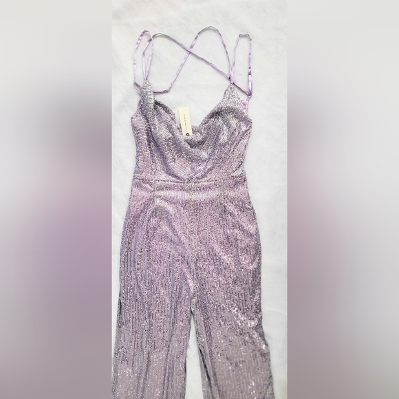 NWT!Anthro Sequin Cowl Neck Wide Leg Women's Chic Ranna Gill Purple Jumpsuit XS - Picture 15 of 17